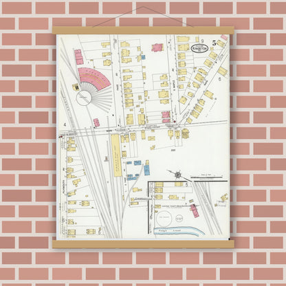 Old map wall art mockup — magnetic wood frame on brick wall — Sanborn Fire Insurance Map from Kingston, Luzerne County, Pennsylvania (1919), Sheet #0005