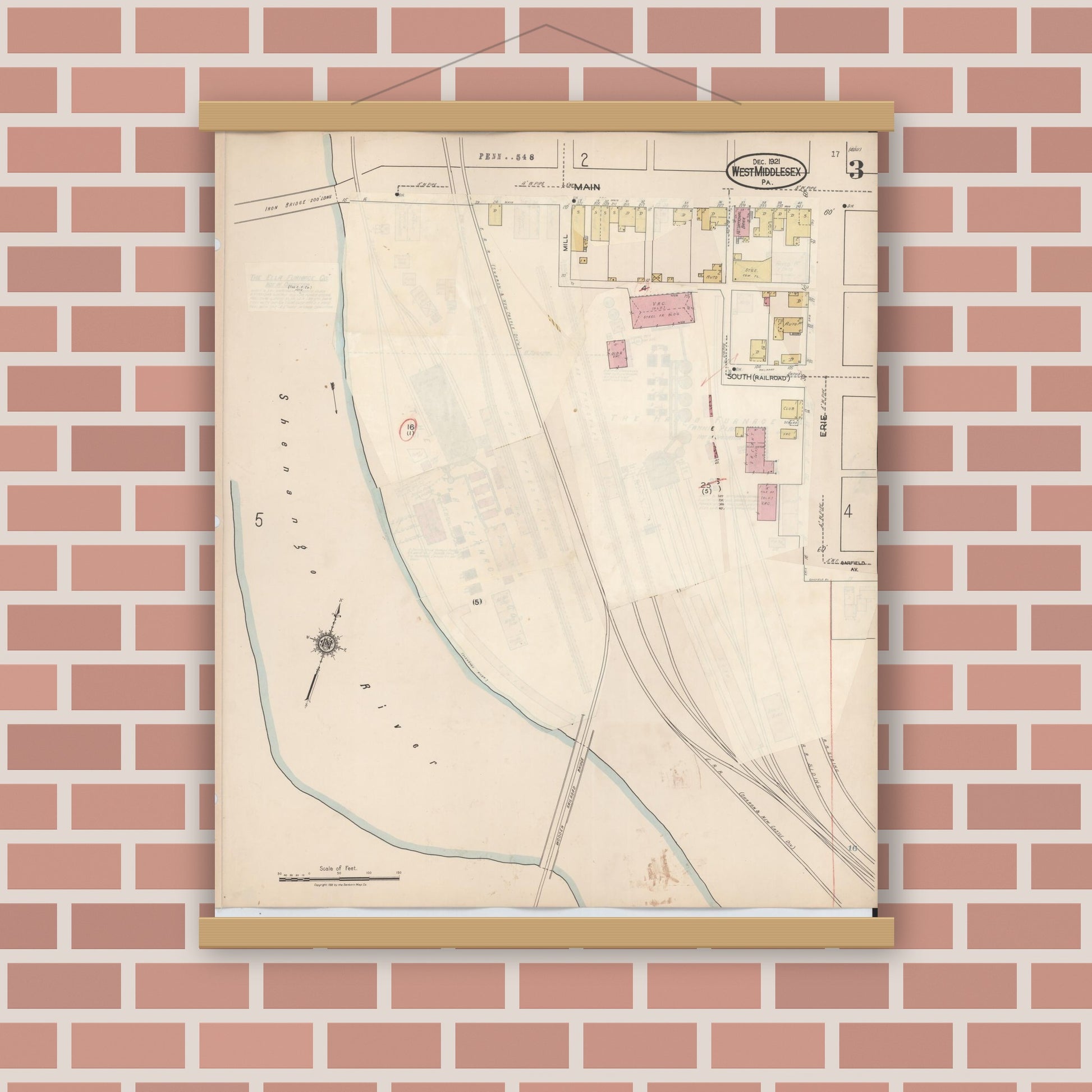 Old map wall art mockup — magnetic wood frame on brick wall — Sanborn Fire Insurance Map from West Middlesex, Mercer County, Pennsylvania (1937), Sheet #0003