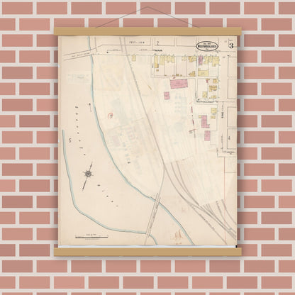 Old map wall art mockup — magnetic wood frame on brick wall — Sanborn Fire Insurance Map from West Middlesex, Mercer County, Pennsylvania (1937), Sheet #0003