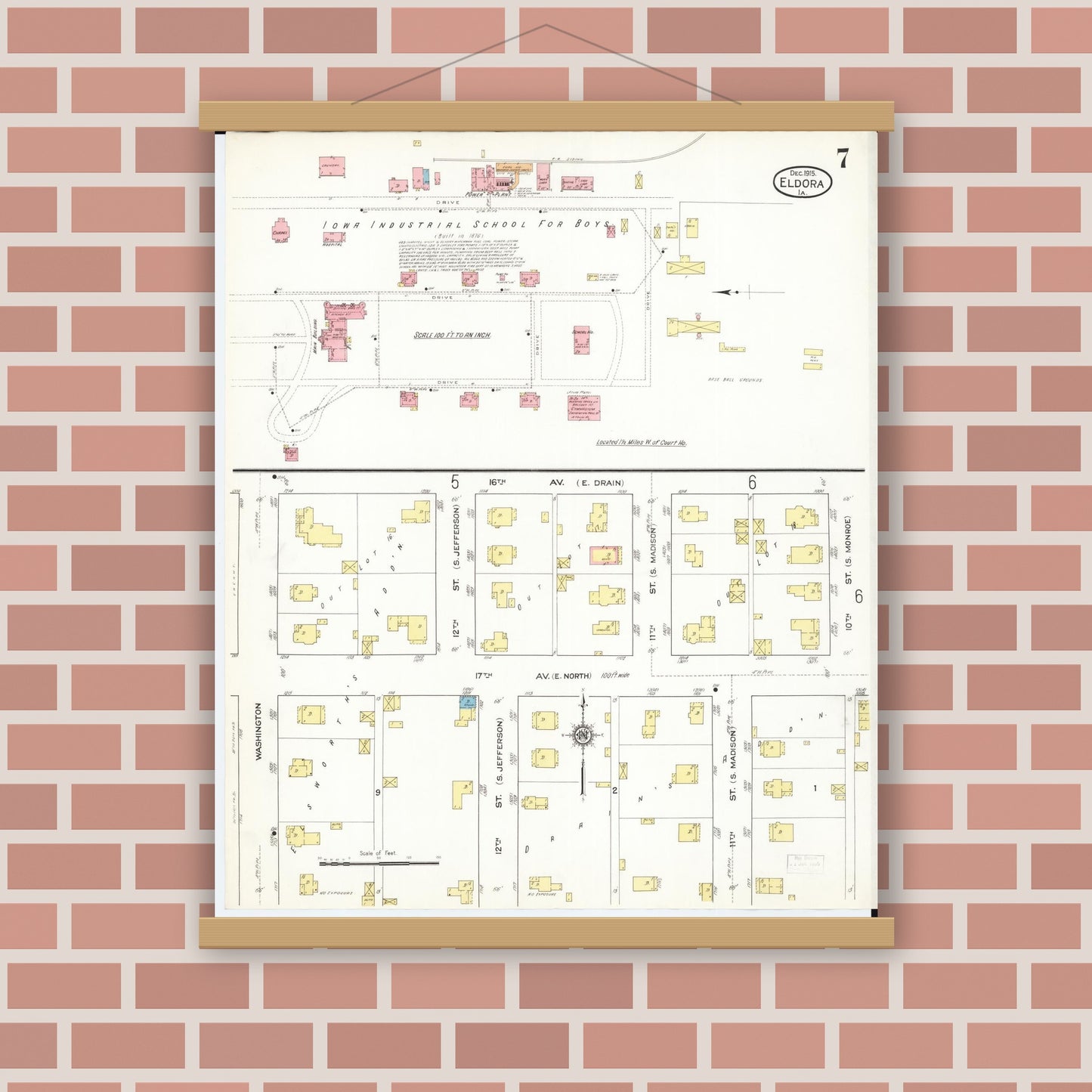 Old map wall art mockup — magnetic wood frame on brick wall — Sanborn Fire Insurance Map from Eldora, Hardin County, Iowa (1915), Sheet #0007