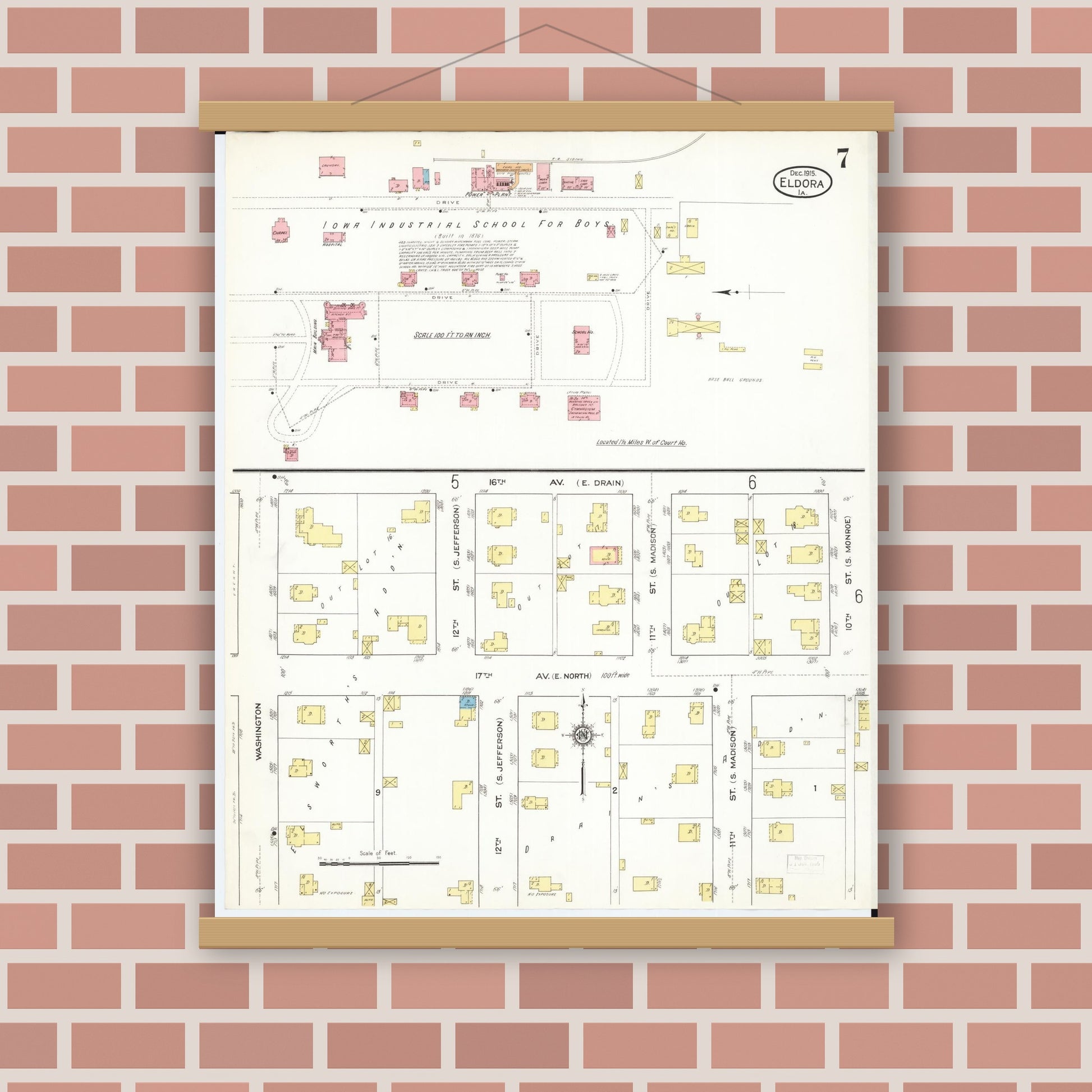 Old map wall art mockup — magnetic wood frame on brick wall — Sanborn Fire Insurance Map from Eldora, Hardin County, Iowa (1915), Sheet #0007