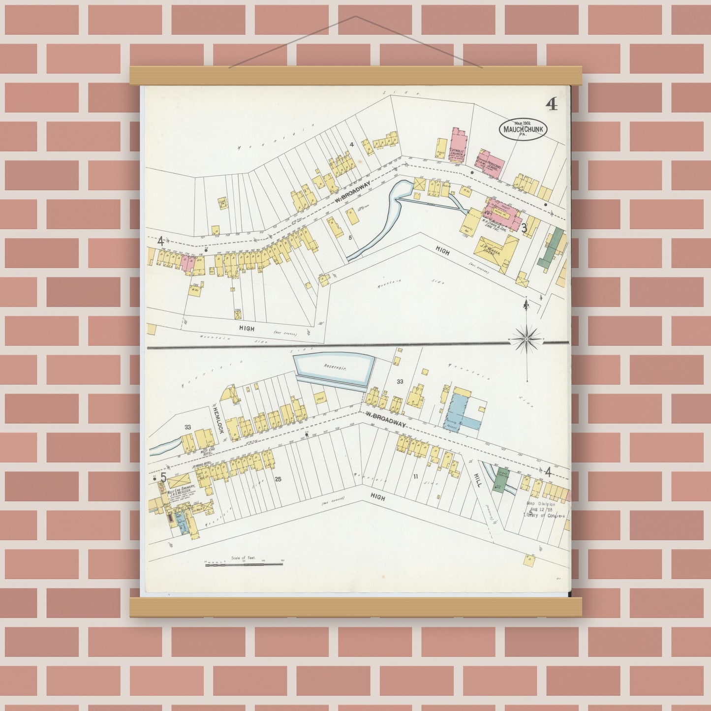Old map wall art mockup — magnetic wood frame on brick wall — Sanborn Fire Insurance Map from Mauch Chunk, Carbon County, Pennsylvania (1902), Sheet #0004
