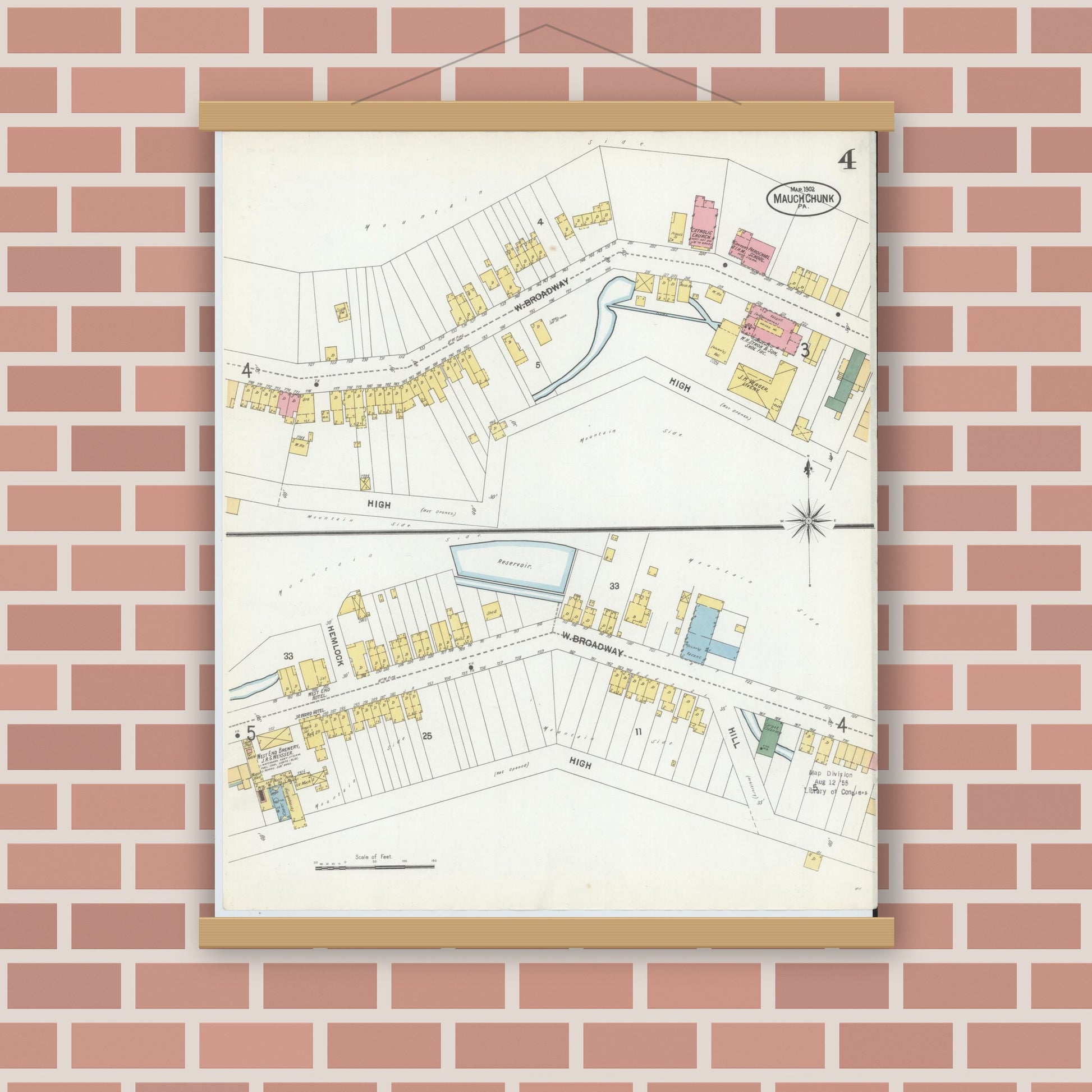 Old map wall art mockup — magnetic wood frame on brick wall — Sanborn Fire Insurance Map from Mauch Chunk, Carbon County, Pennsylvania (1902), Sheet #0004