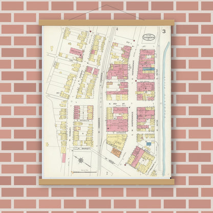 Old map wall art mockup — magnetic wood frame on brick wall — Sanborn Fire Insurance Map from Shamokin, Northumberland County, Pennsylvania (1913), Sheet #0003