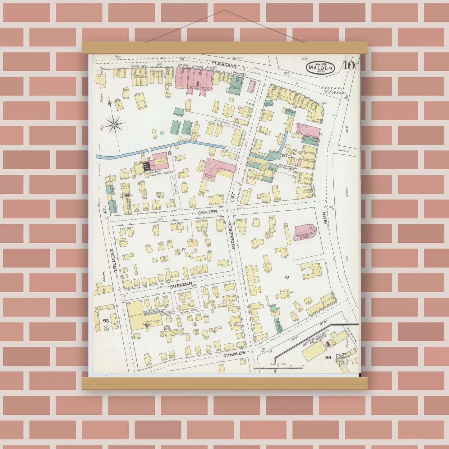 Old map wall art mockup — magnetic wood frame on brick wall — Sanborn Fire Insurance Map from Malden, Middlesex County, Massachusetts (1892), Sheet #0010