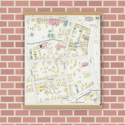 Old map wall art mockup — magnetic wood frame on brick wall — Sanborn Fire Insurance Map from Malden, Middlesex County, Massachusetts (1892), Sheet #0010