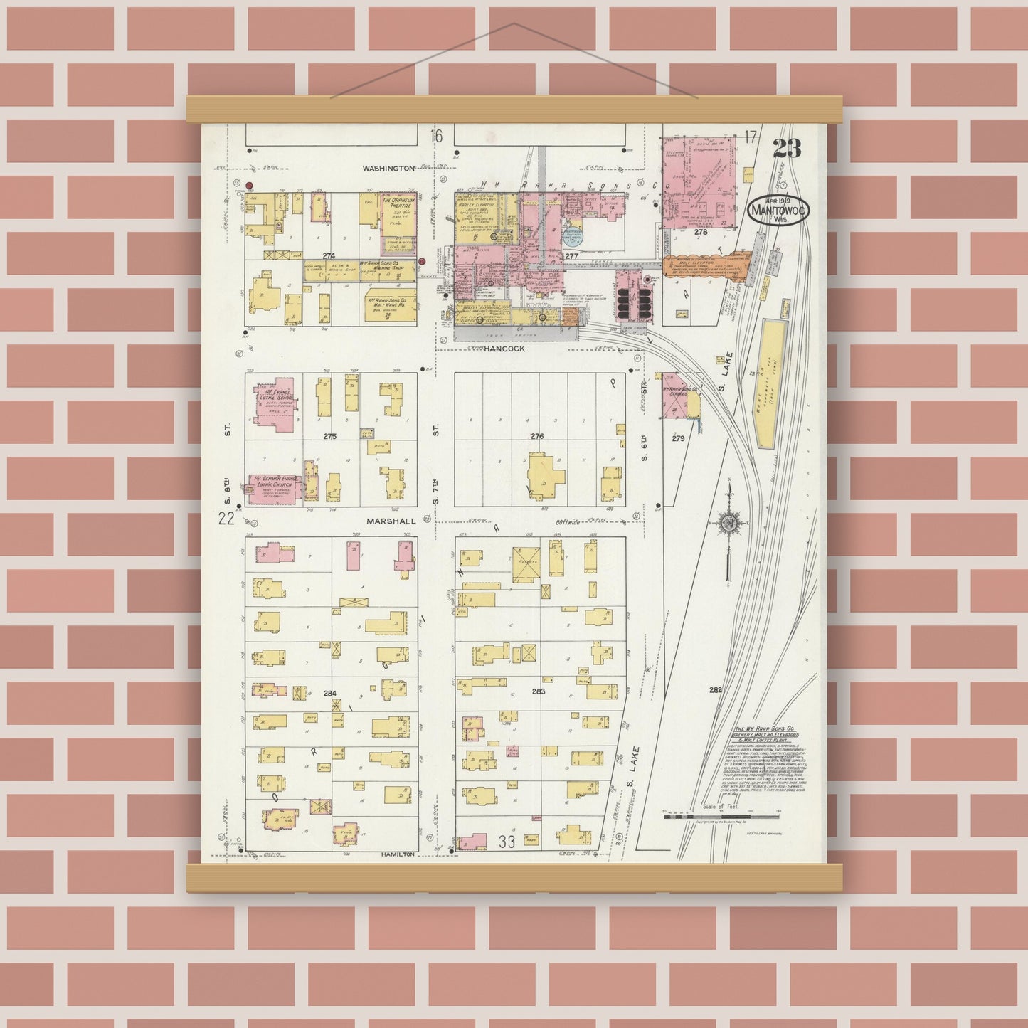 Old map wall art mockup — magnetic wood frame on brick wall — Sanborn Fire Insurance Map from Manitowoc, Manitowoc County, Wisconsin (1919), Sheet #0023