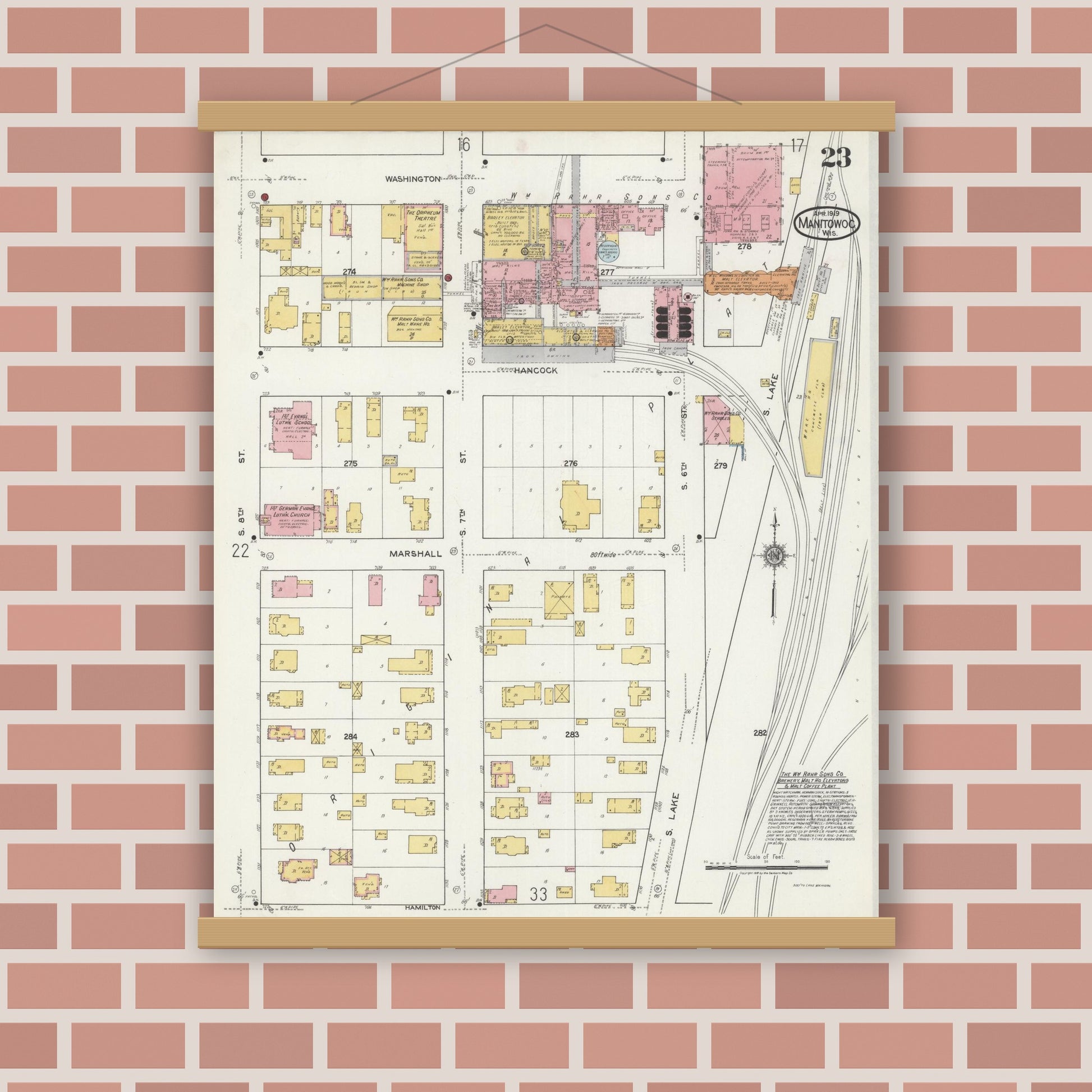 Old map wall art mockup — magnetic wood frame on brick wall — Sanborn Fire Insurance Map from Manitowoc, Manitowoc County, Wisconsin (1919), Sheet #0023