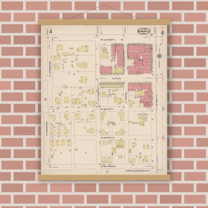 Old map wall art mockup — magnetic wood frame on brick wall — Sanborn Fire Insurance Map from Gainesville, Alachua County, Florida (1922), Sheet #0004
