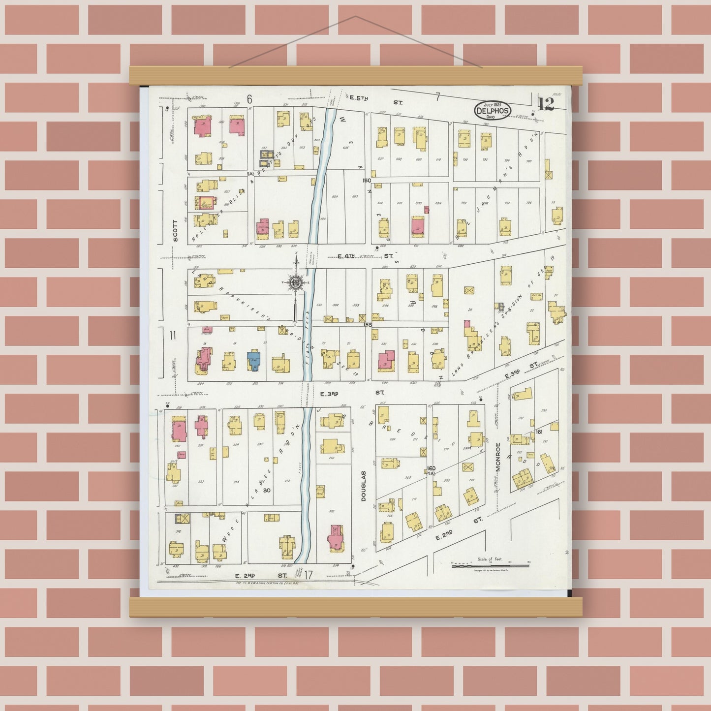 Old map wall art mockup — magnetic wood frame on brick wall — Sanborn Fire Insurance Map from Delphos, Van Wert And Allen Counties, Ohio (1921), Sheet #0012