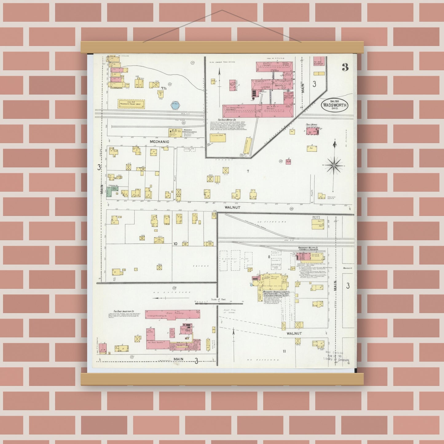 Old map wall art mockup — magnetic wood frame on brick wall — Sanborn Fire Insurance Map from Wadsworth, Medina County, Ohio (1901), Sheet #0003