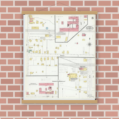 Old map wall art mockup — magnetic wood frame on brick wall — Sanborn Fire Insurance Map from Wadsworth, Medina County, Ohio (1901), Sheet #0003