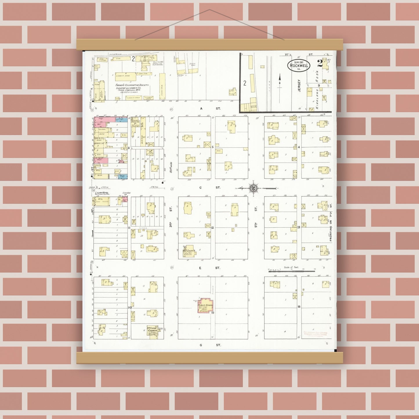 Old map wall art mockup — magnetic wood frame on brick wall — Sanborn Fire Insurance Map from Rockwell, Cerro Gordo County, Iowa (1911), Sheet #0002