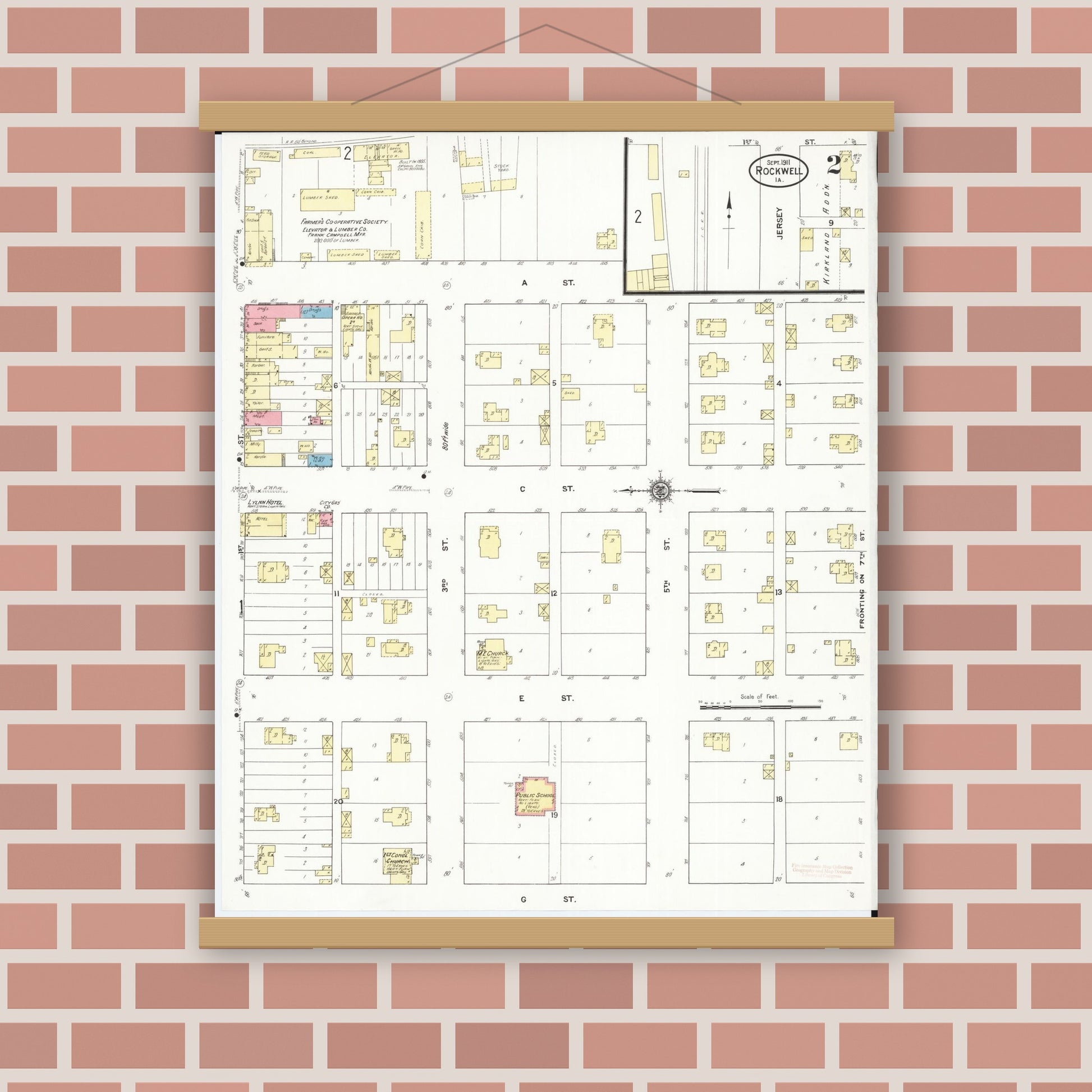 Old map wall art mockup — magnetic wood frame on brick wall — Sanborn Fire Insurance Map from Rockwell, Cerro Gordo County, Iowa (1911), Sheet #0002