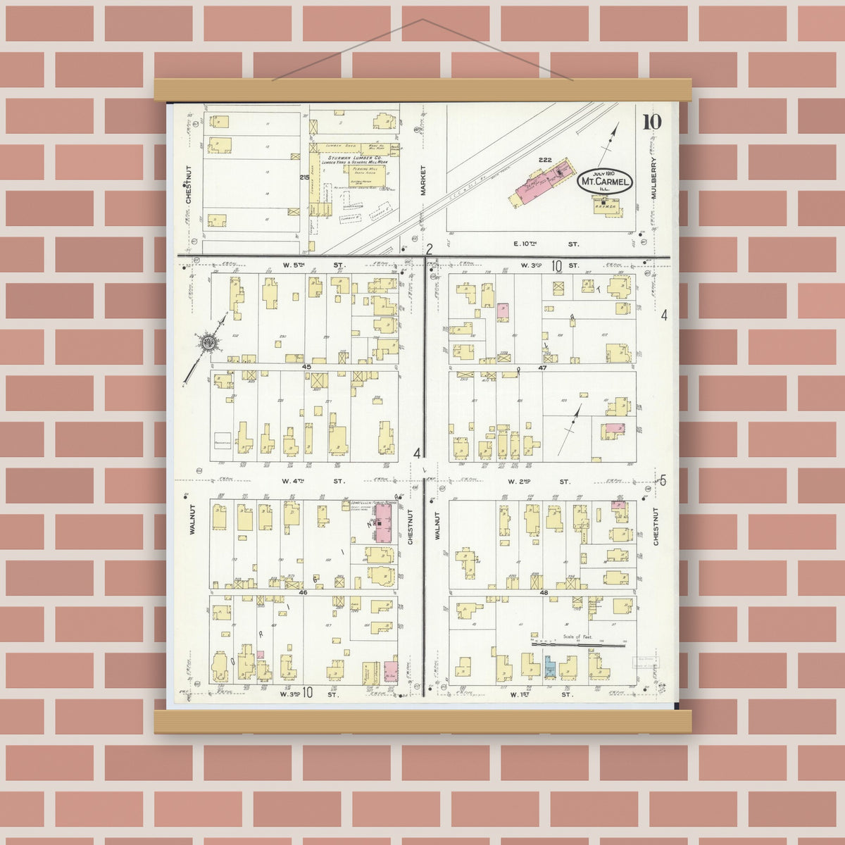 Old map wall art mockup — magnetic wood frame on brick wall — Sanborn Fire Insurance Map from Mount Carmel, Wabash County, Illinois (1910), Sheet #0010