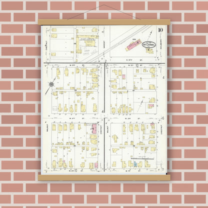 Old map wall art mockup — magnetic wood frame on brick wall — Sanborn Fire Insurance Map from Mount Carmel, Wabash County, Illinois (1910), Sheet #0010