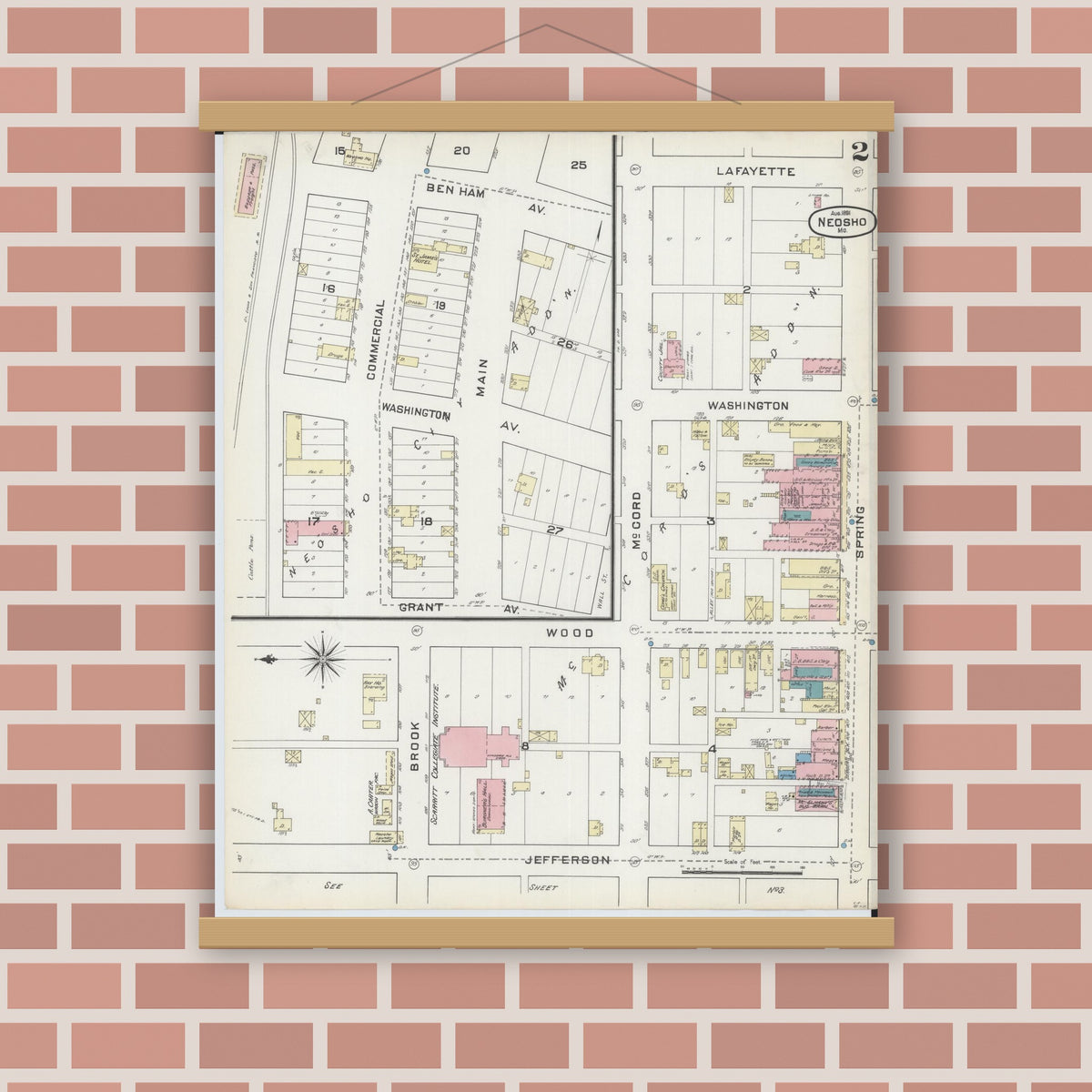 Old map wall art mockup — magnetic wood frame on brick wall — Sanborn Fire Insurance Map from Neosho, Newton County, Missouri (1891), Sheet #0002
