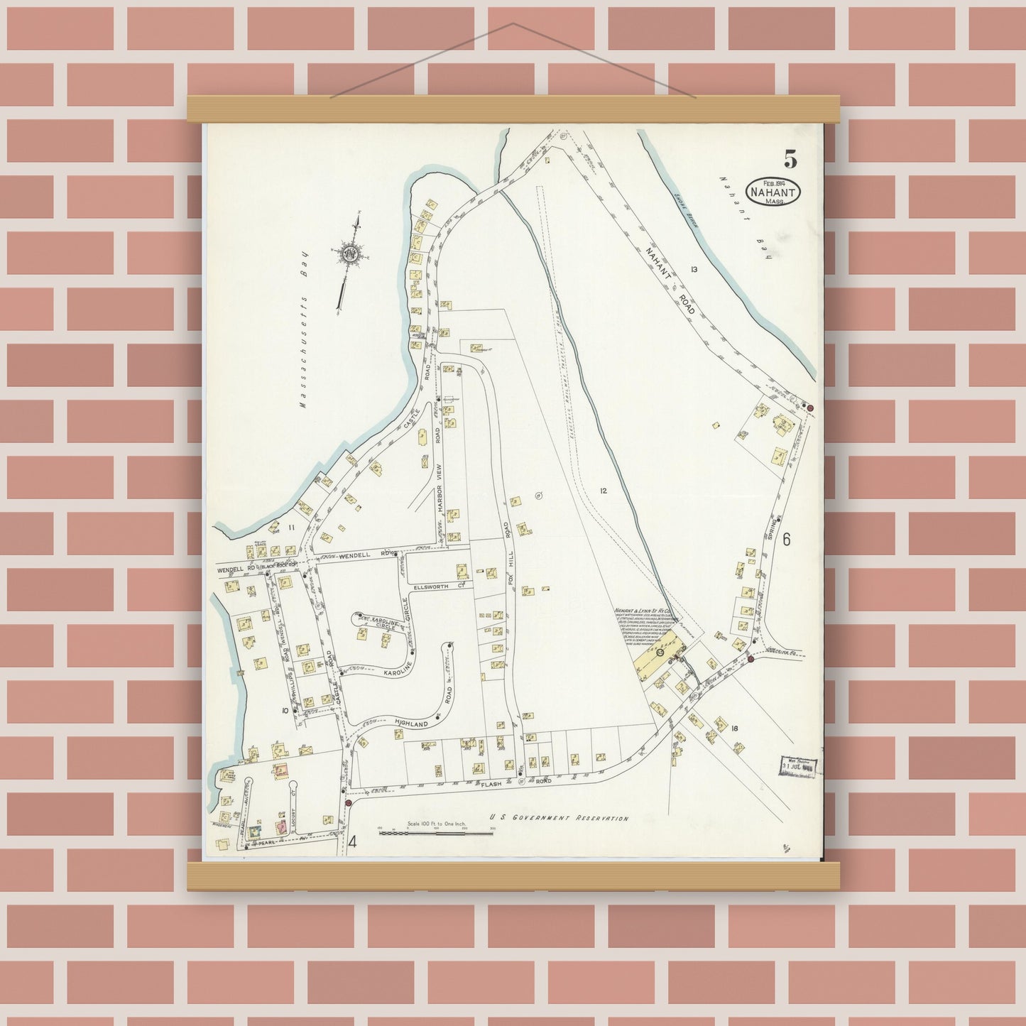 Old map wall art mockup — magnetic wood frame on brick wall — Sanborn Fire Insurance Map from Nahant, Essex County, Massachusetts (1914), Sheet #0005