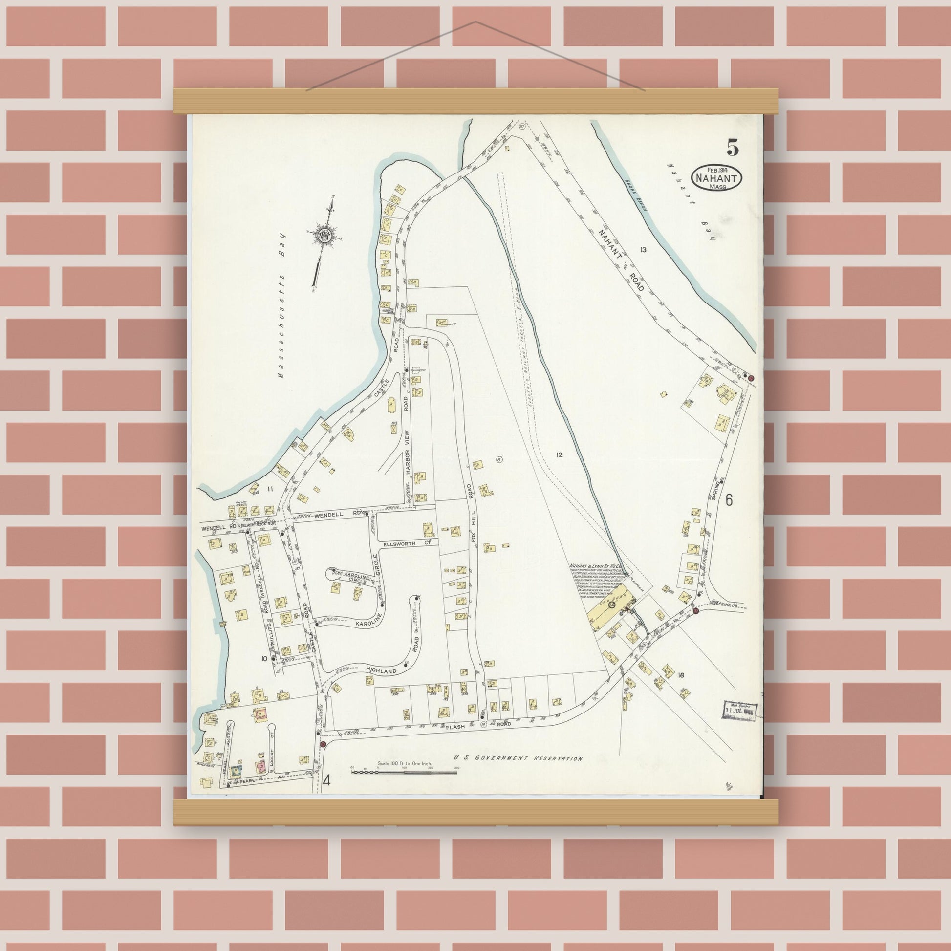 Old map wall art mockup — magnetic wood frame on brick wall — Sanborn Fire Insurance Map from Nahant, Essex County, Massachusetts (1914), Sheet #0005