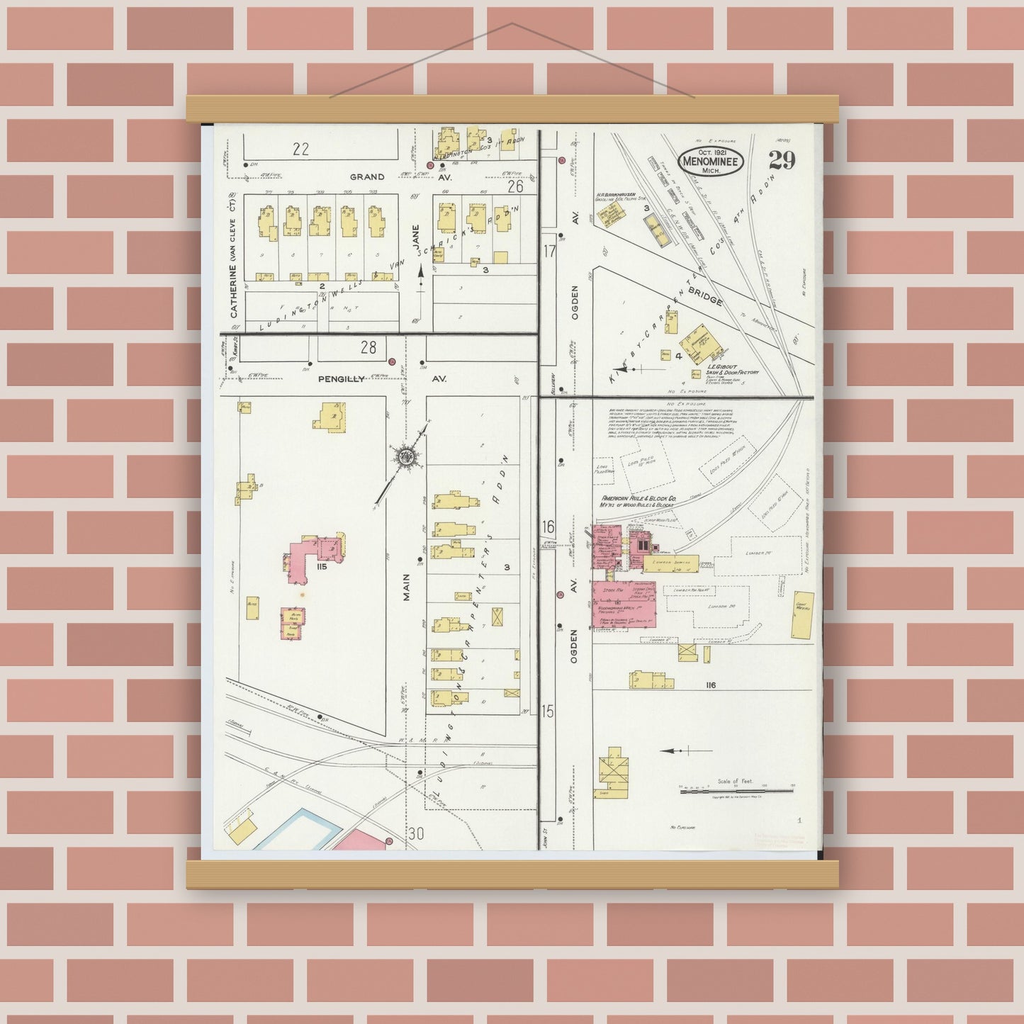 Old map wall art mockup — magnetic wood frame on brick wall — Sanborn Fire Insurance Map from Menominee, Menominee County, Michigan (1921), Sheet #0029