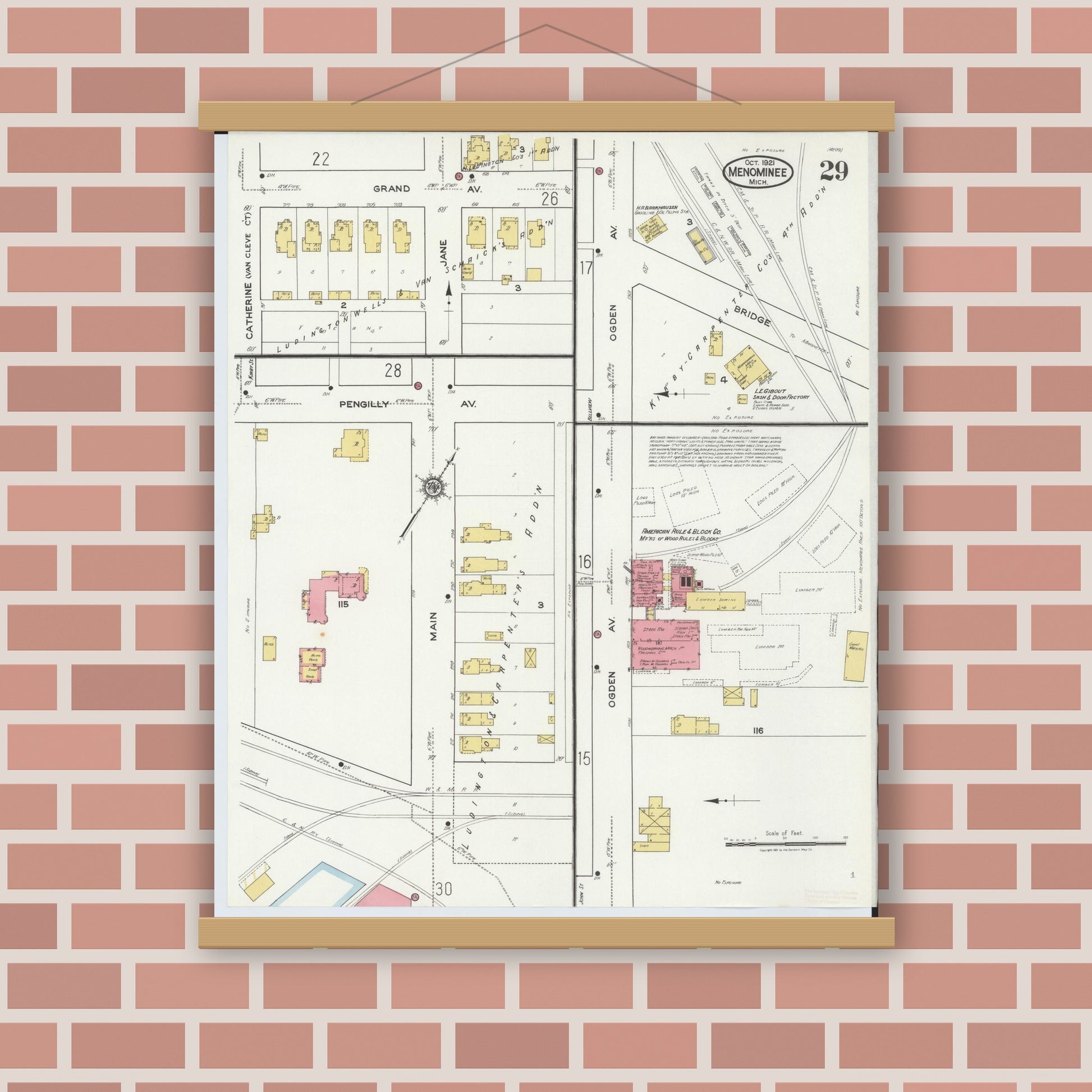 Old map wall art mockup — magnetic wood frame on brick wall — Sanborn Fire Insurance Map from Menominee, Menominee County, Michigan (1921), Sheet #0029
