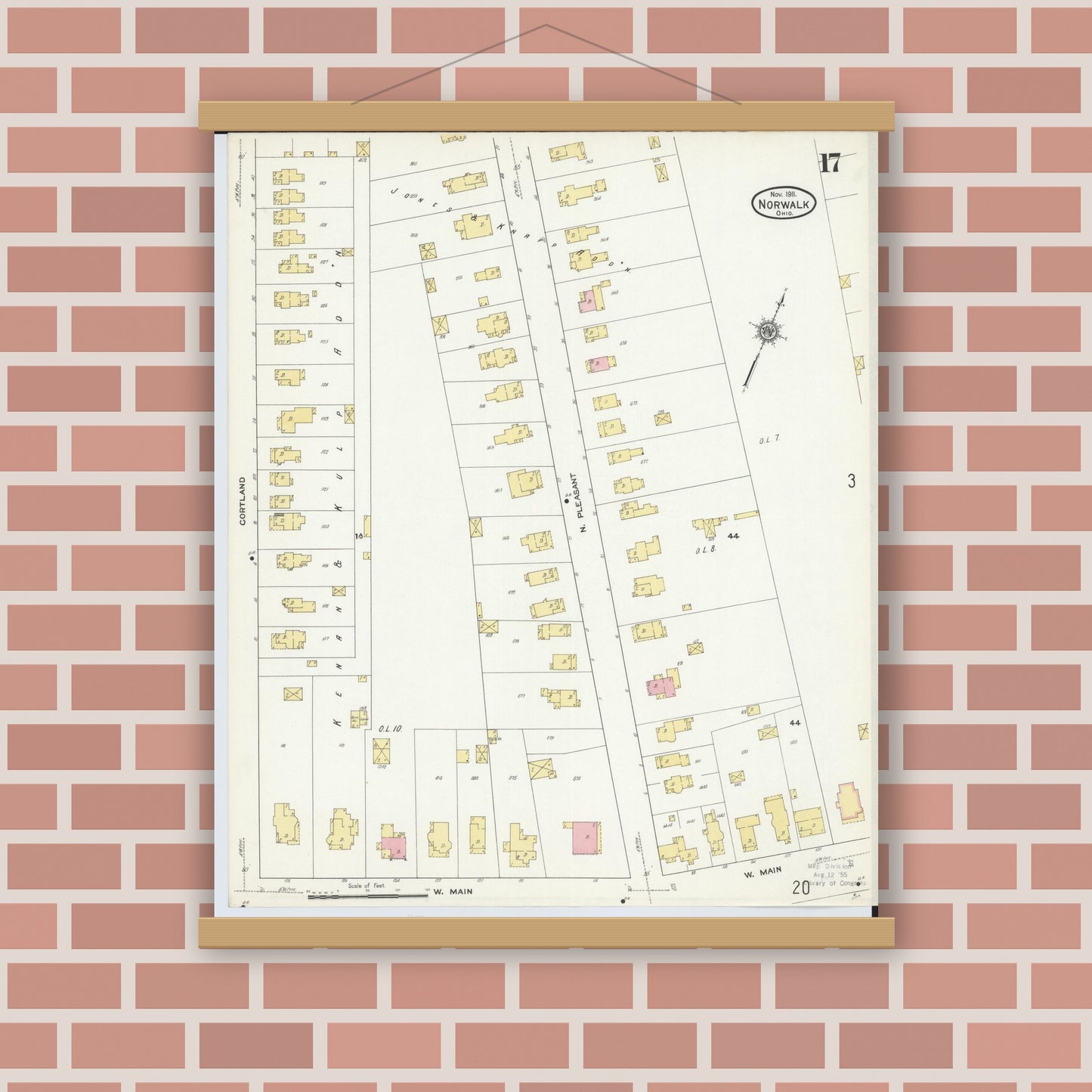 Old map wall art mockup — magnetic wood frame on brick wall — Sanborn Fire Insurance Map from Norwalk, Huron County, Ohio (1911), Sheet #0017