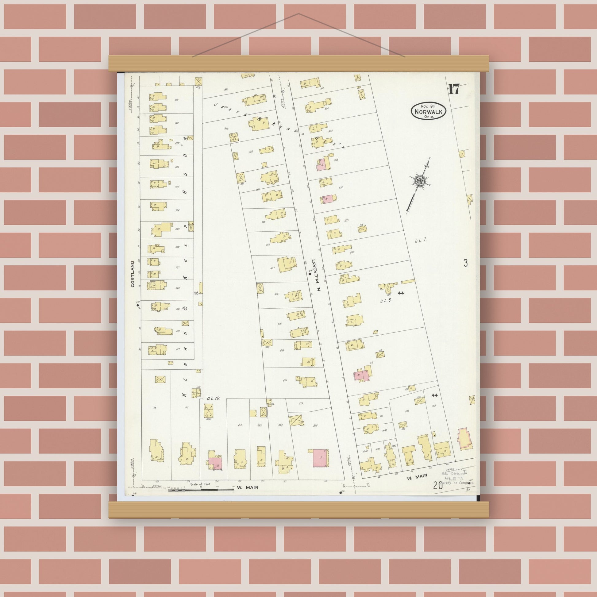 Old map wall art mockup — magnetic wood frame on brick wall — Sanborn Fire Insurance Map from Norwalk, Huron County, Ohio (1911), Sheet #0017