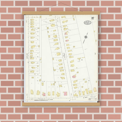Old map wall art mockup — magnetic wood frame on brick wall — Sanborn Fire Insurance Map from Norwalk, Huron County, Ohio (1911), Sheet #0017