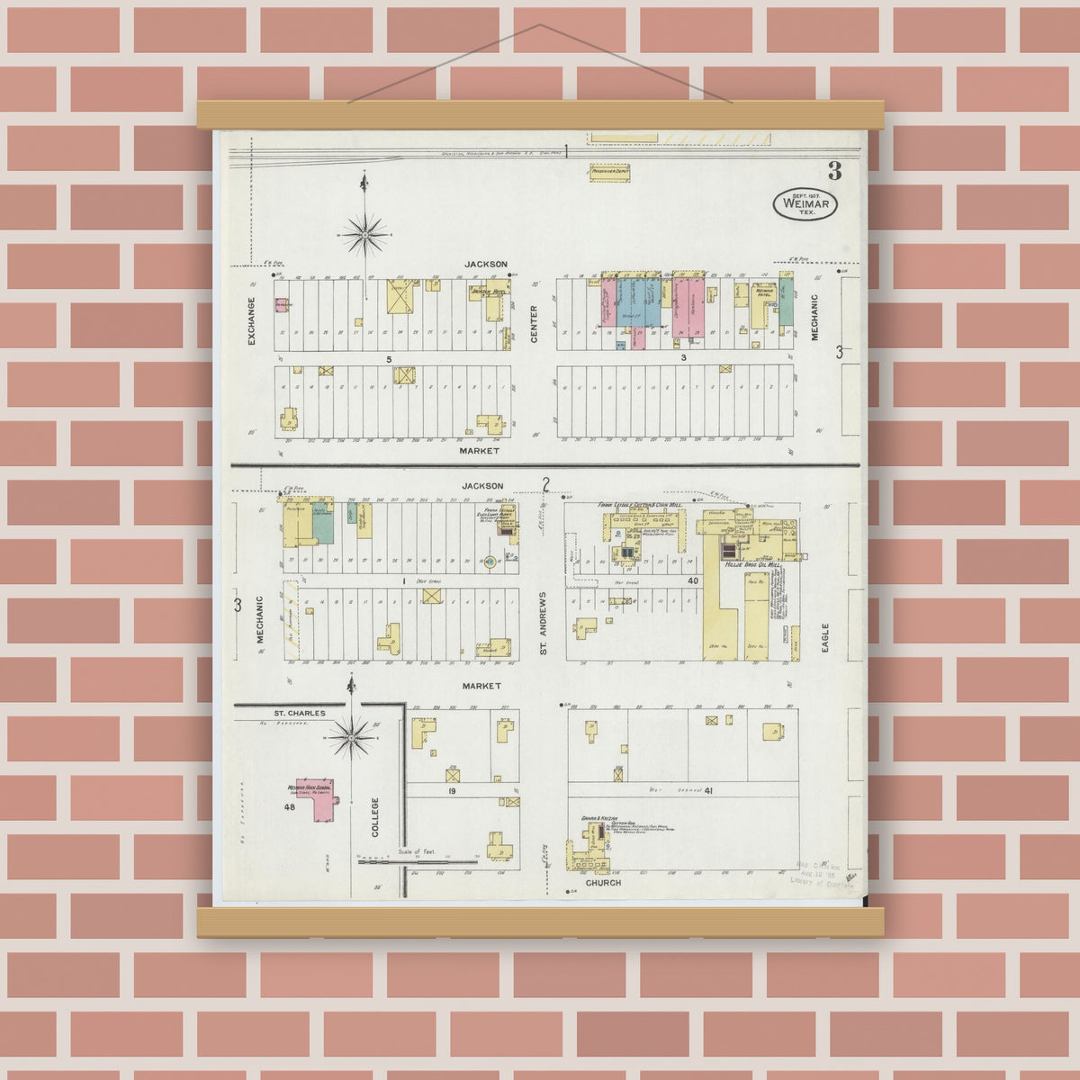 Old map wall art mockup — magnetic wood frame on brick wall — Sanborn Fire Insurance Map from Weimar, Colorado County, Texas (1907), Sheet #0003