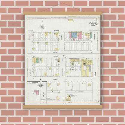 Old map wall art mockup — magnetic wood frame on brick wall — Sanborn Fire Insurance Map from Weimar, Colorado County, Texas (1907), Sheet #0003