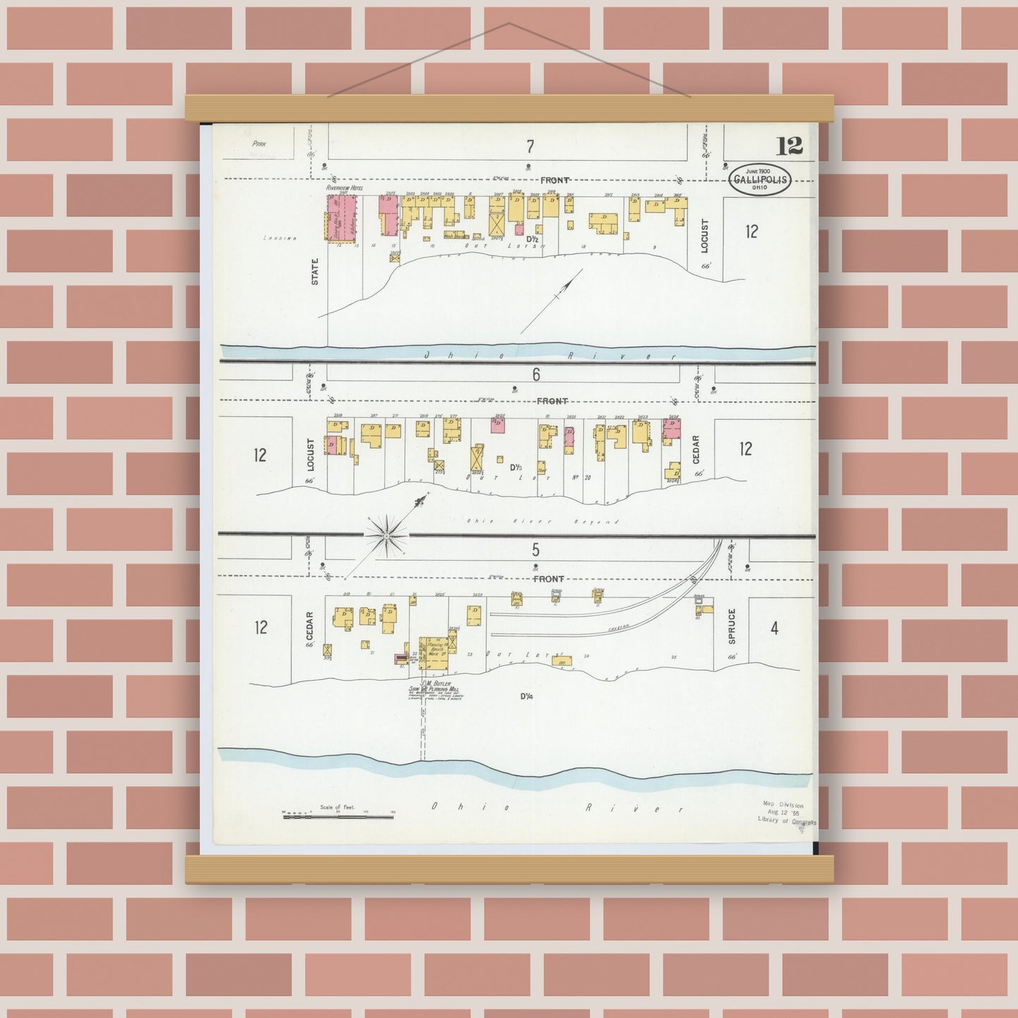 Old map wall art mockup — magnetic wood frame on brick wall — Sanborn Fire Insurance Map from Gallipolis, Gallia County, Ohio (1900), Sheet #0012