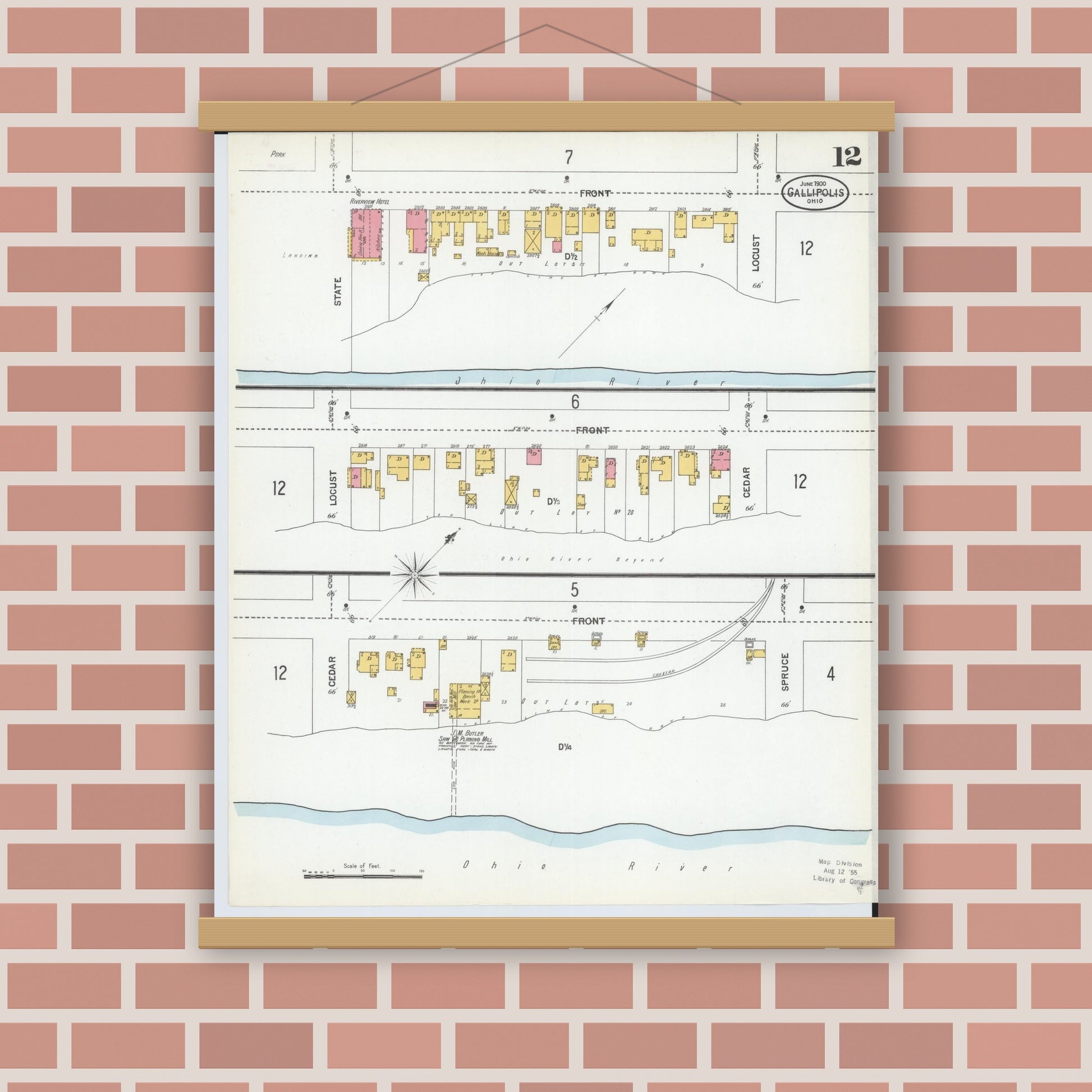Old map wall art mockup — magnetic wood frame on brick wall — Sanborn Fire Insurance Map from Gallipolis, Gallia County, Ohio (1900), Sheet #0012