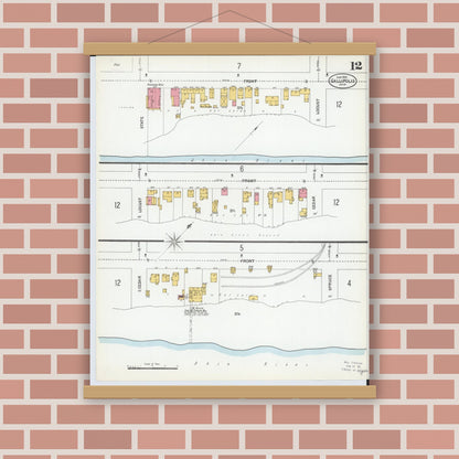 Old map wall art mockup — magnetic wood frame on brick wall — Sanborn Fire Insurance Map from Gallipolis, Gallia County, Ohio (1900), Sheet #0012