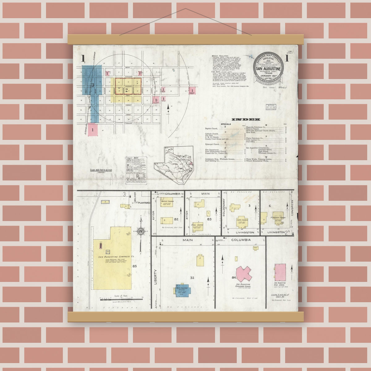 Old map wall art mockup — magnetic wood frame on brick wall — Sanborn Fire Insurance Map from San Augustine, San Augustine County, Texas (1927), Sheet #0001