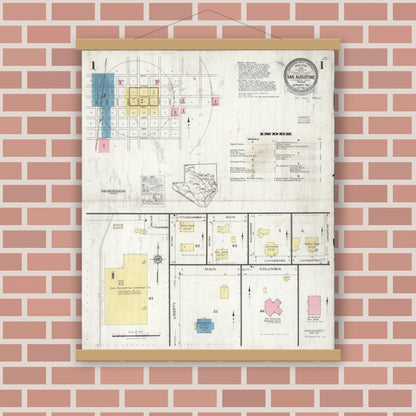 Old map wall art mockup — magnetic wood frame on brick wall — Sanborn Fire Insurance Map from San Augustine, San Augustine County, Texas (1927), Sheet #0001