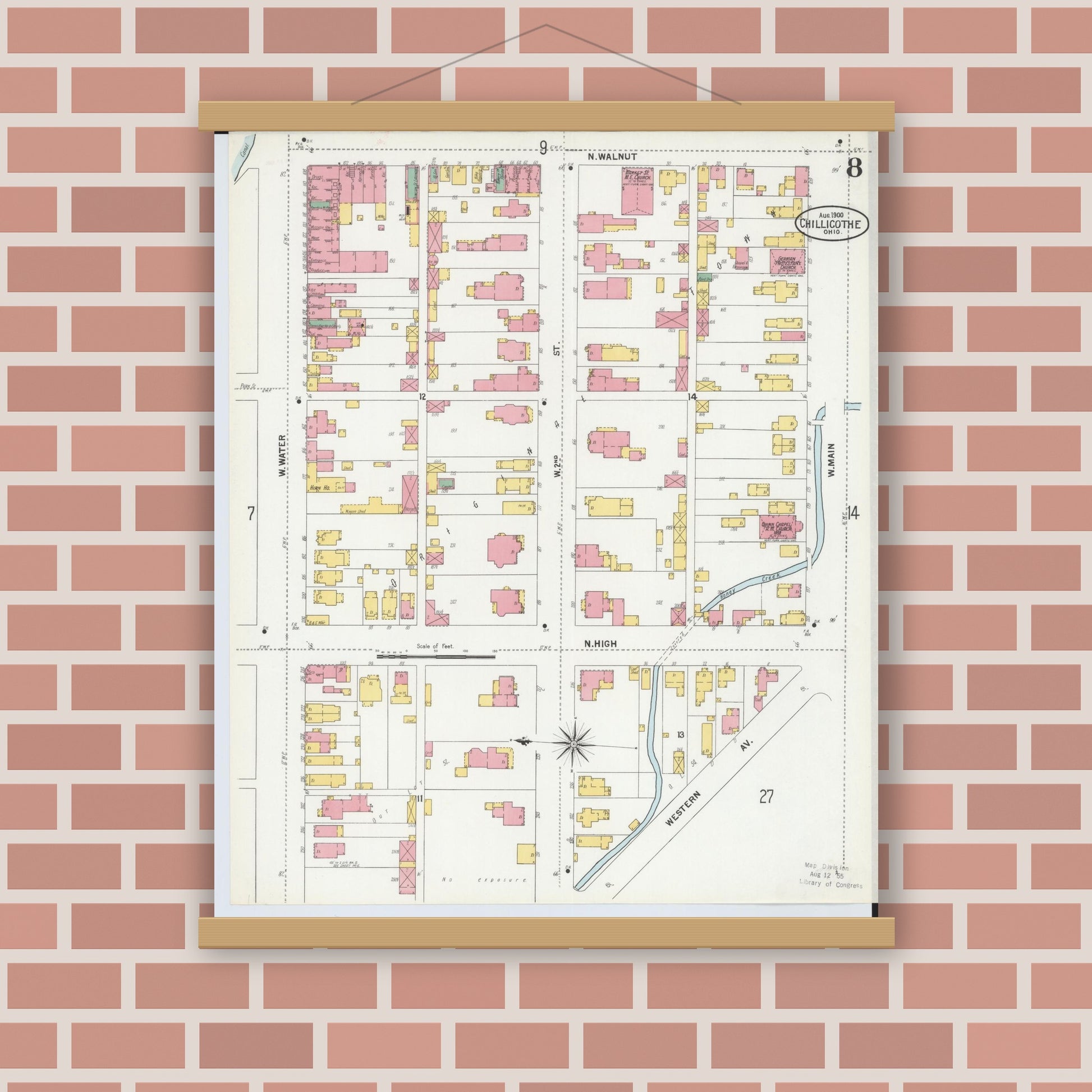 Old map wall art mockup — magnetic wood frame on brick wall — Sanborn Fire Insurance Map from Chillicothe, Ross County, Ohio (1900), Sheet #0008