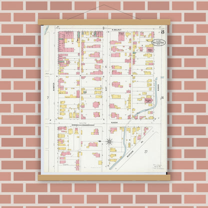 Old map wall art mockup — magnetic wood frame on brick wall — Sanborn Fire Insurance Map from Chillicothe, Ross County, Ohio (1900), Sheet #0008