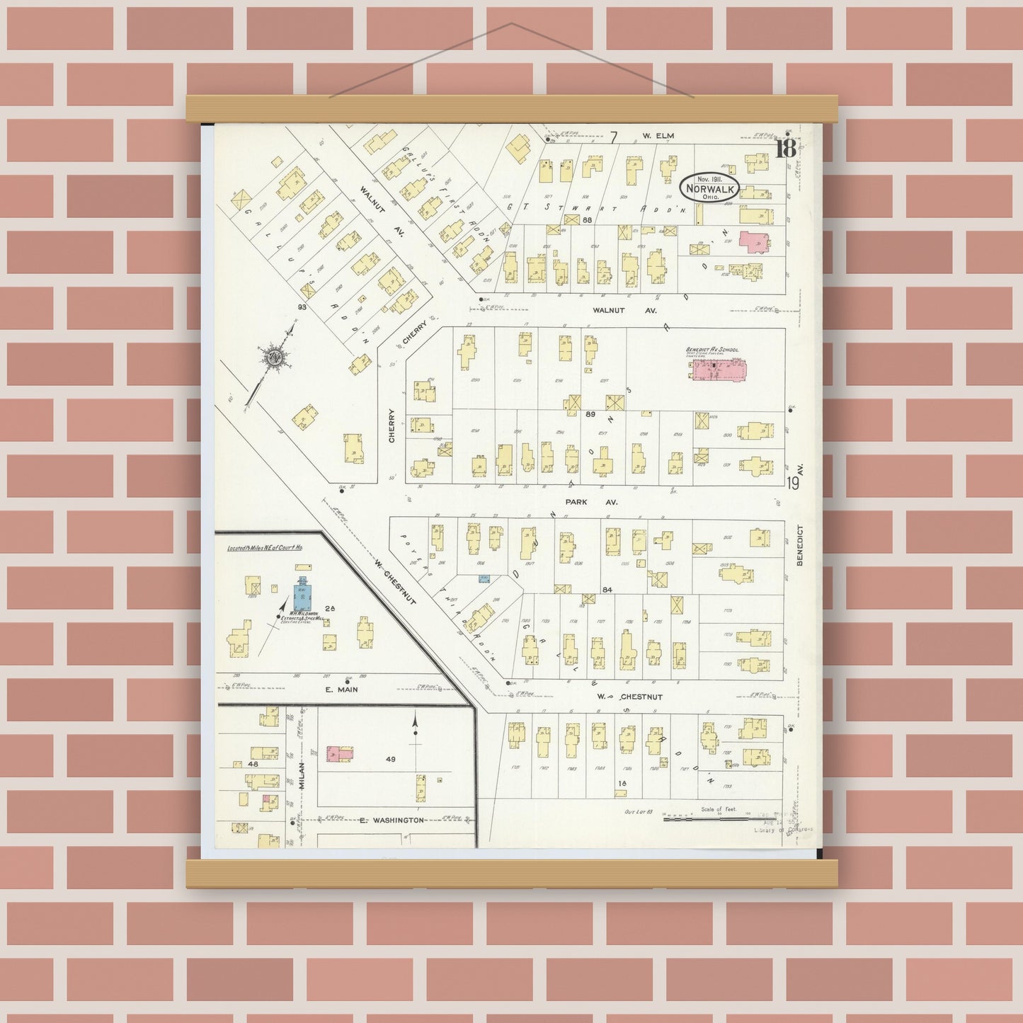 Old map wall art mockup — magnetic wood frame on brick wall — Sanborn Fire Insurance Map from Norwalk, Huron County, Ohio (1911), Sheet #0018