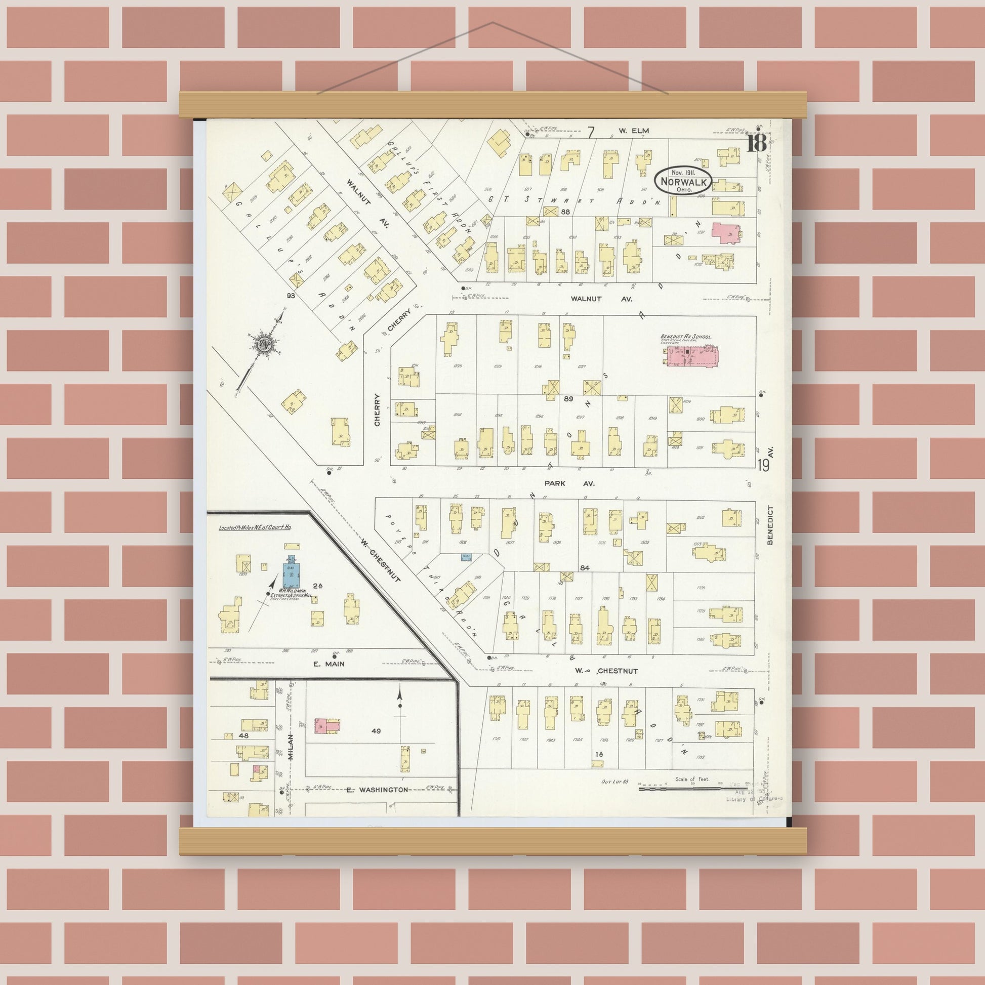 Old map wall art mockup — magnetic wood frame on brick wall — Sanborn Fire Insurance Map from Norwalk, Huron County, Ohio (1911), Sheet #0018