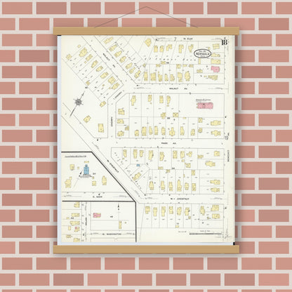 Old map wall art mockup — magnetic wood frame on brick wall — Sanborn Fire Insurance Map from Norwalk, Huron County, Ohio (1911), Sheet #0018