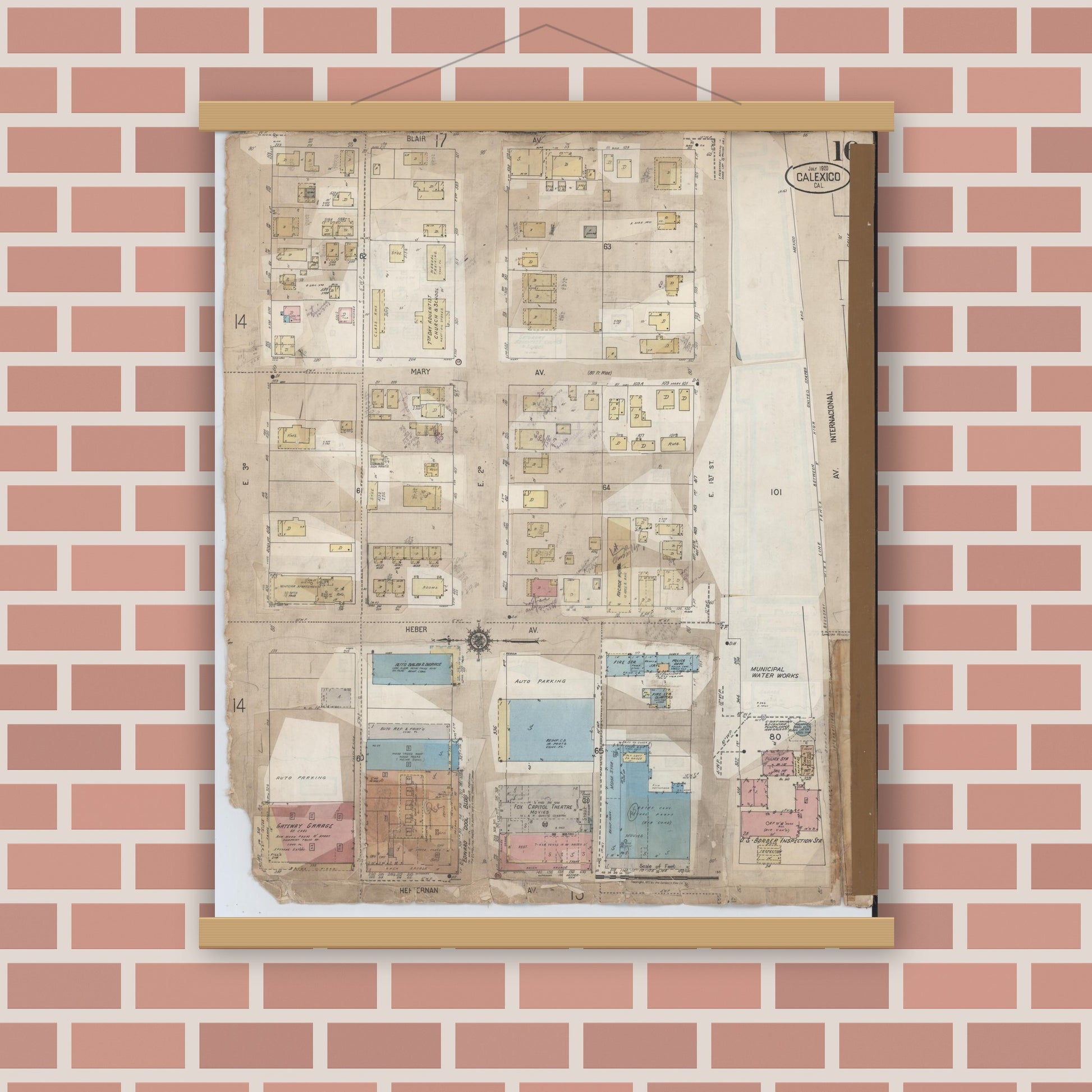 Old map wall art mockup — magnetic wood frame on brick wall — Sanborn Fire Insurance Map from Calexico, Imperial County, California (1956), Sheet #0016