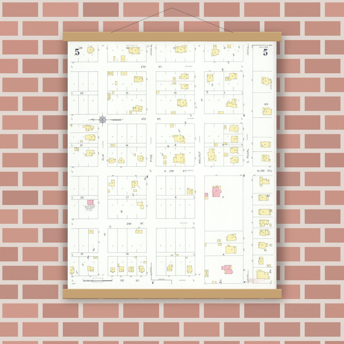 Old map wall art mockup — magnetic wood frame on brick wall — Sanborn Fire Insurance Map from Harrisonville, Cass County, Missouri (1931), Sheet #0005