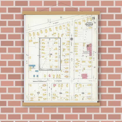 Old map wall art mockup — magnetic wood frame on brick wall — Sanborn Fire Insurance Map from Ann Arbor, Washtenaw County, Michigan (1916), Sheet #0021