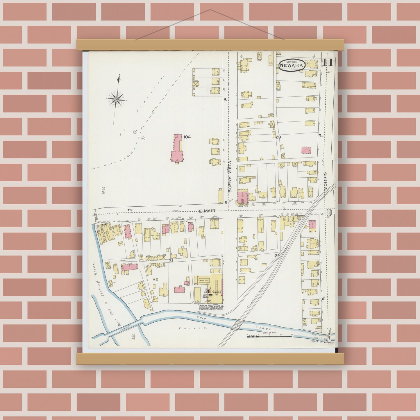 Old map wall art mockup — magnetic wood frame on brick wall — Sanborn Fire Insurance Map from Newark, Licking County, Ohio (1893), Sheet #0011
