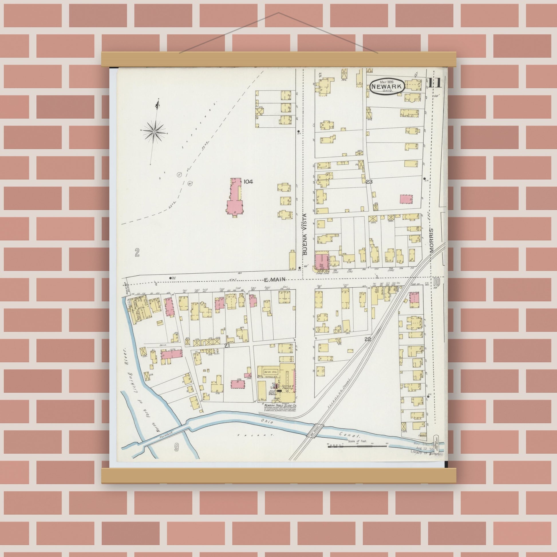 Old map wall art mockup — magnetic wood frame on brick wall — Sanborn Fire Insurance Map from Newark, Licking County, Ohio (1893), Sheet #0011