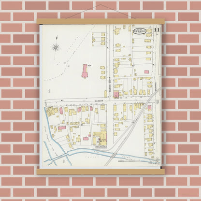 Old map wall art mockup — magnetic wood frame on brick wall — Sanborn Fire Insurance Map from Newark, Licking County, Ohio (1893), Sheet #0011