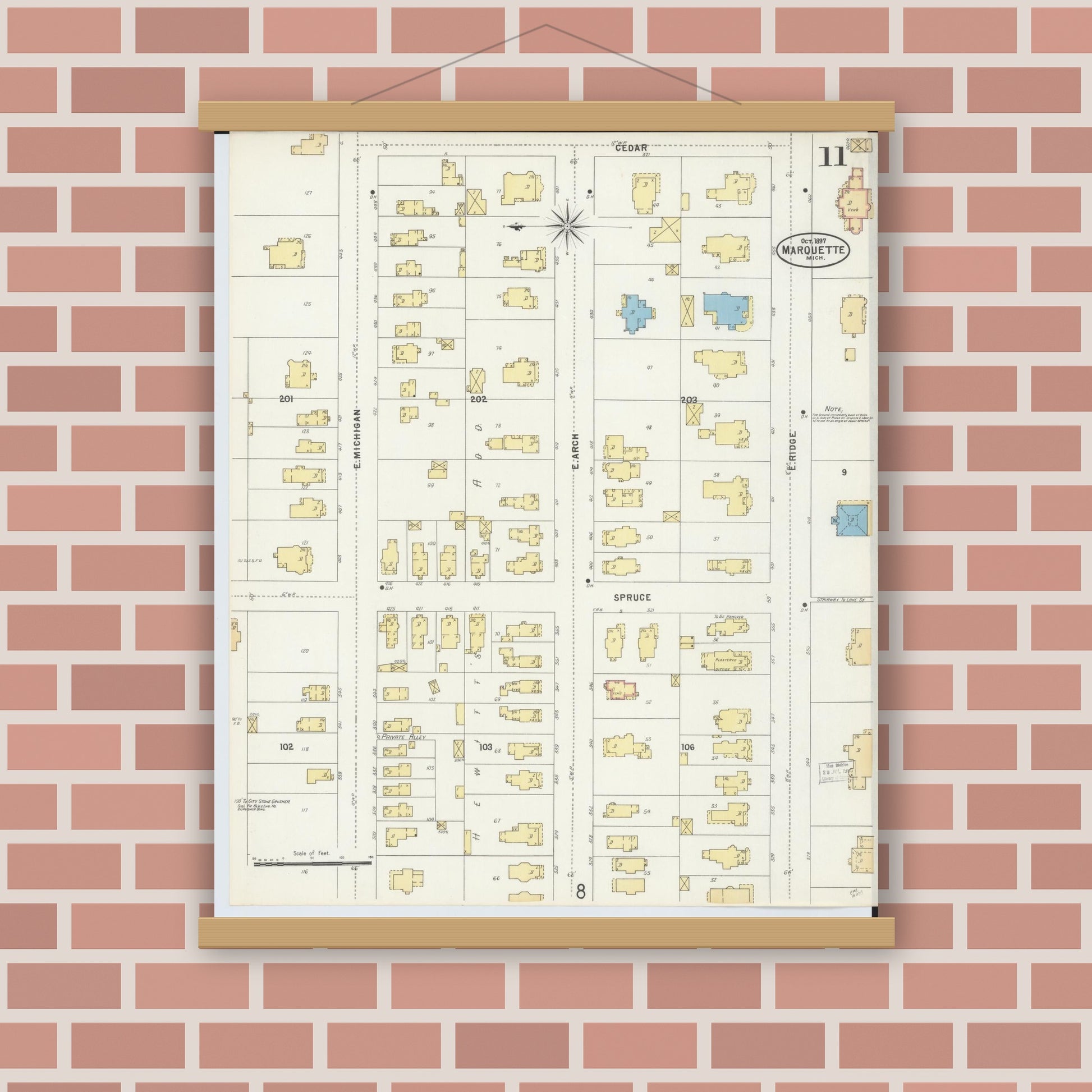 Old map wall art mockup — magnetic wood frame on brick wall — Sanborn Fire Insurance Map from Marquette, Marquette County, Michigan (1897), Sheet #0011
