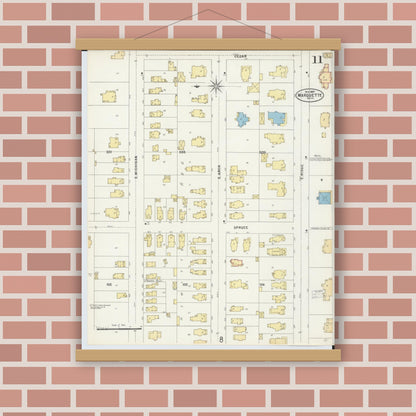 Old map wall art mockup — magnetic wood frame on brick wall — Sanborn Fire Insurance Map from Marquette, Marquette County, Michigan (1897), Sheet #0011