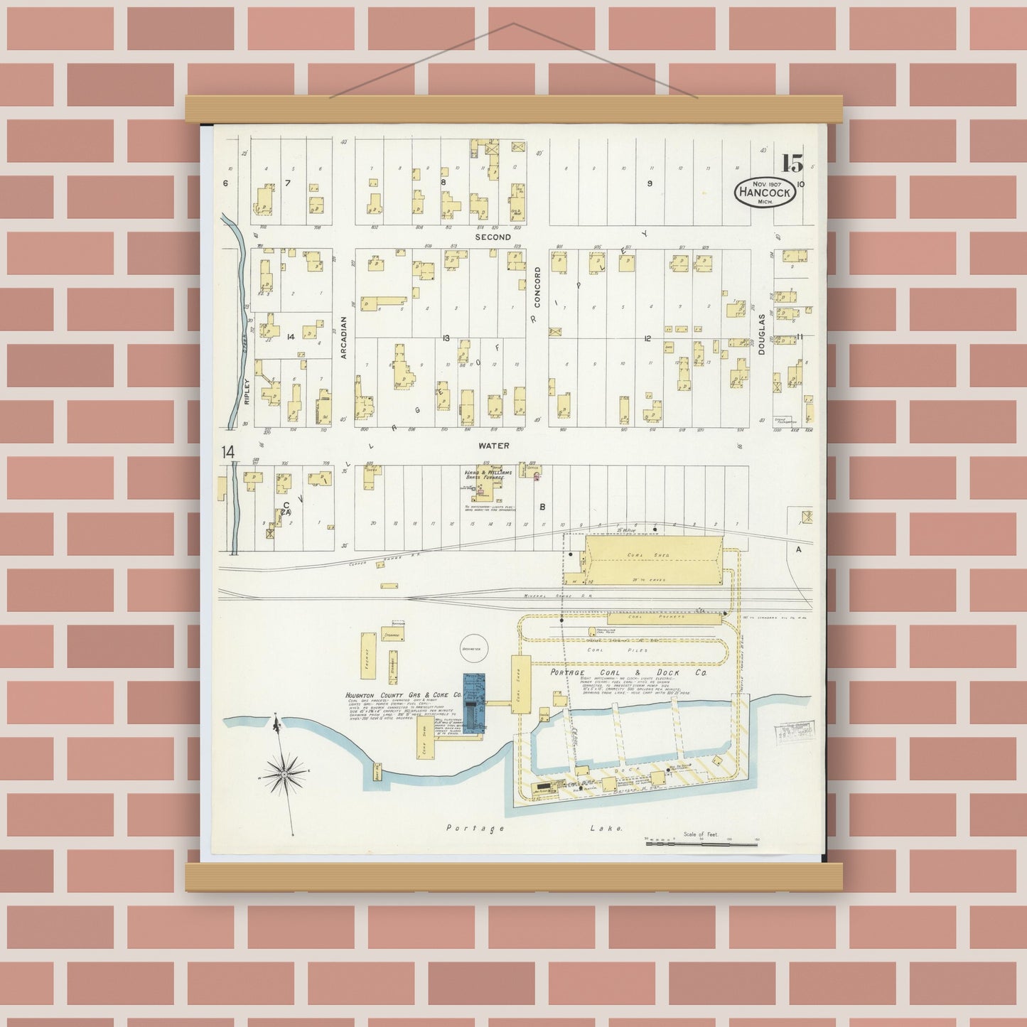 Old map wall art mockup — magnetic wood frame on brick wall — Sanborn Fire Insurance Map from Hancock, Houghton County, Michigan (1907), Sheet #0015