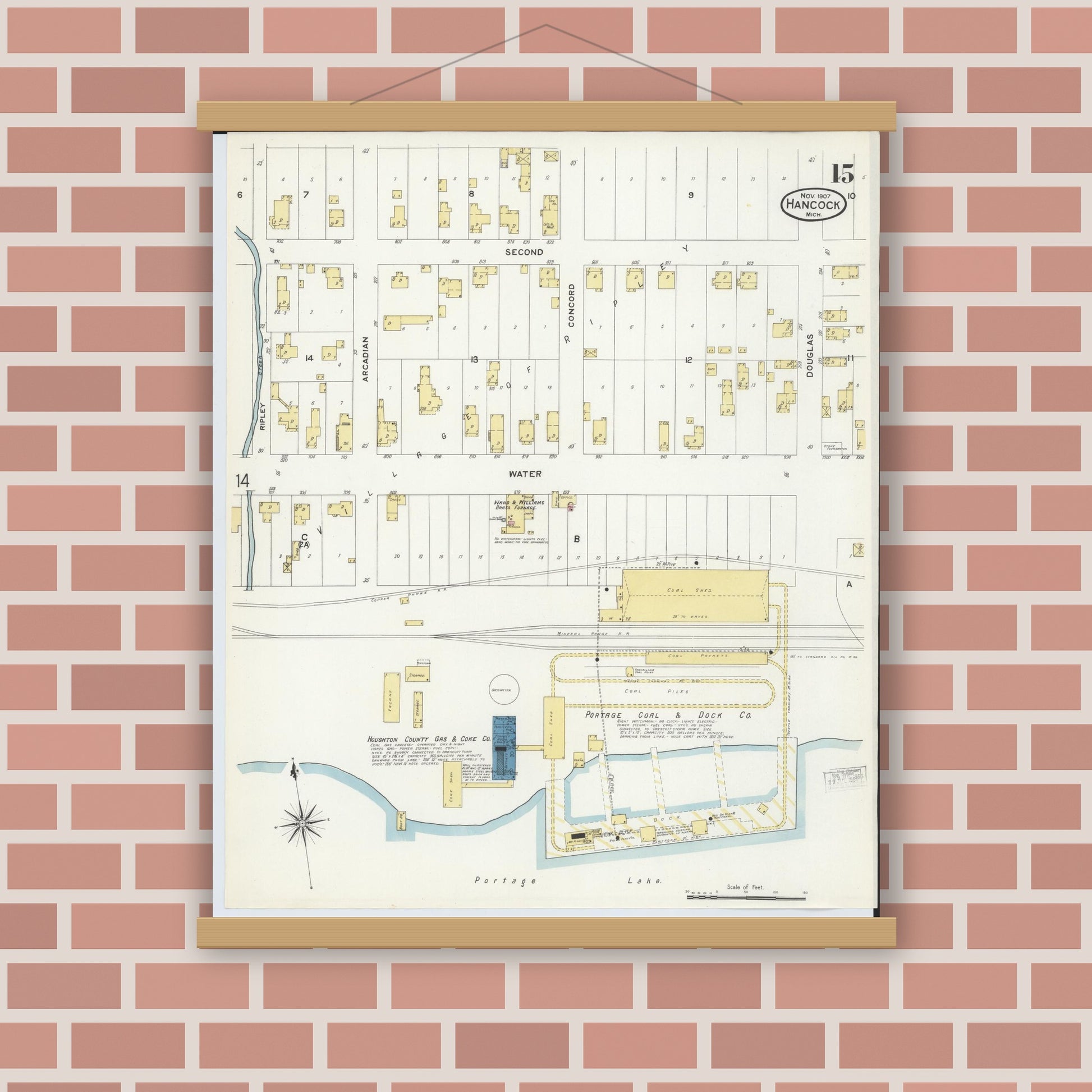 Old map wall art mockup — magnetic wood frame on brick wall — Sanborn Fire Insurance Map from Hancock, Houghton County, Michigan (1907), Sheet #0015